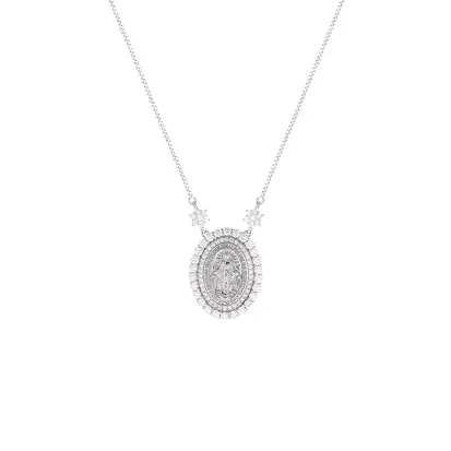 Colar Nossa Senhora das Graças  Prata com Ródio Moissanite