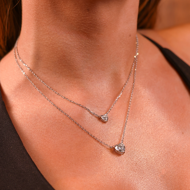 Colar  Elo Portugês Coração Prata com Ródio Moissanite