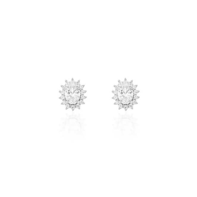 Brinco Oval Prata com Ródio -Zircônia 6mm