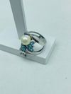 Anel Ouro Branco, Diamantes, Topázio Azul e Pérola