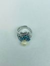 Anel Ouro Branco, Diamantes, Topázio Azul e Pérola