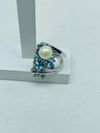 Anel Ouro Branco, Diamantes, Topázio Azul e Pérola