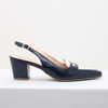 Scarpin Salto Medio Bloco Bico Fino Olho De Gato Marinho Fargo