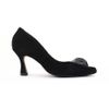 Scarpin Salto Medio Fino Couro Flor Origami Preto Fargo