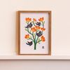 Edna P - Flores e Pássaros Laranja Xilogravura + Moldura
