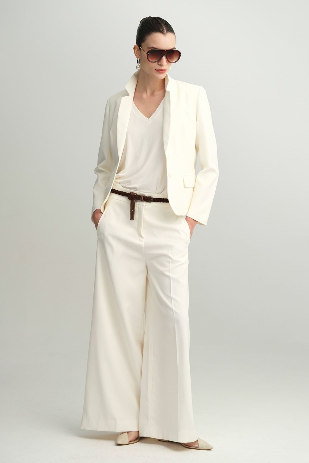 Calça Ampla Crepe Off White Betina CB