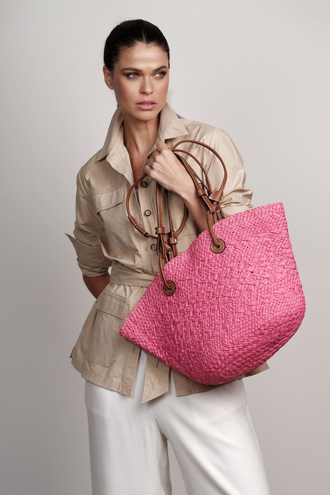 Bolsa Palha com Alça Couro Pink