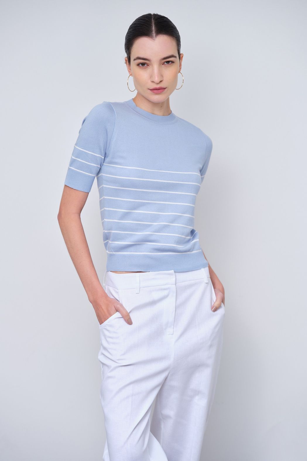 Blusa Trico  Azul Claro Listrada Louisa