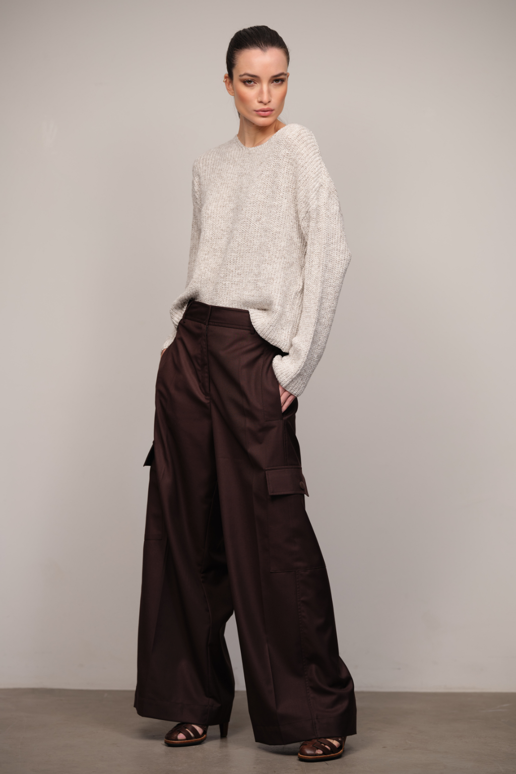 Calça Pantalona Lã Fria Café Liana