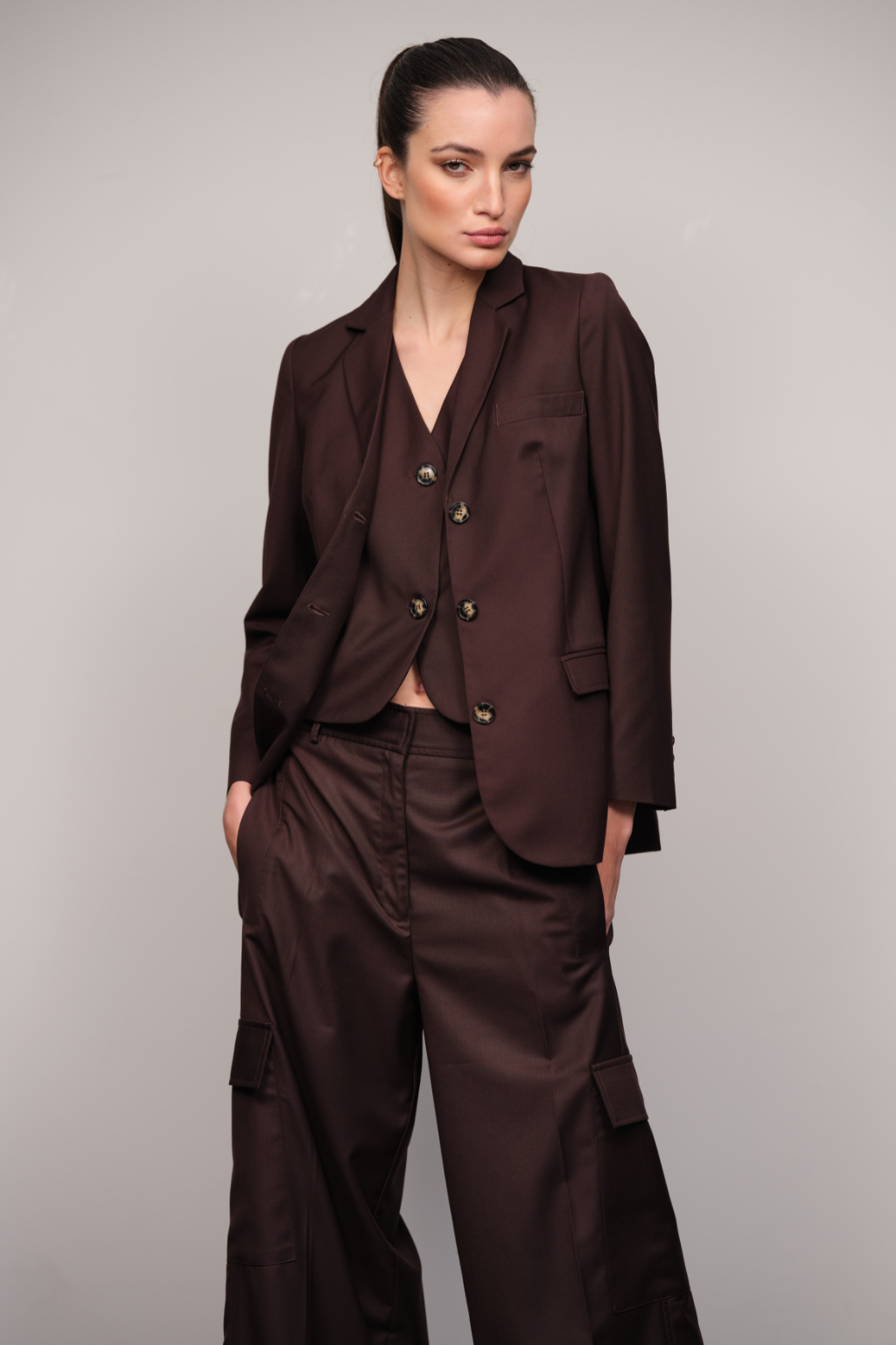 Calça Pantalona Lã Fria Café Liana