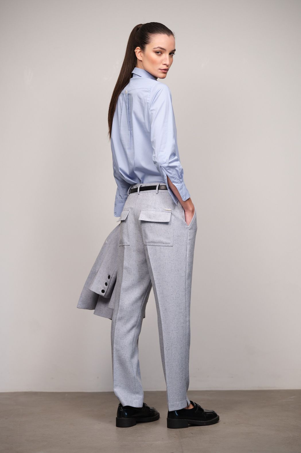 Calça Alfaiataria com Linho Reta Azul Mescla Penelope