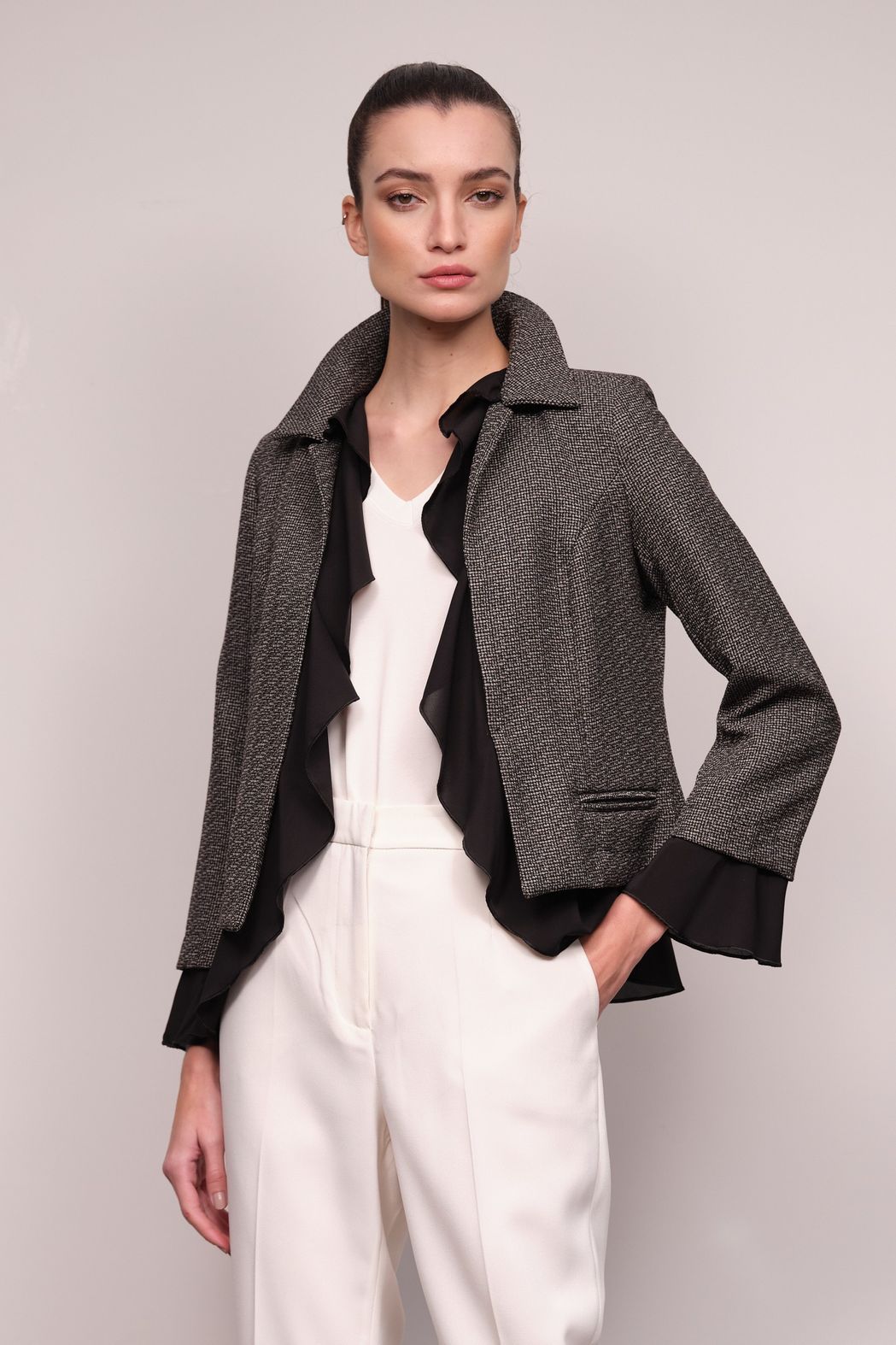 Blazer Tweed Babados Cinza Izabel 