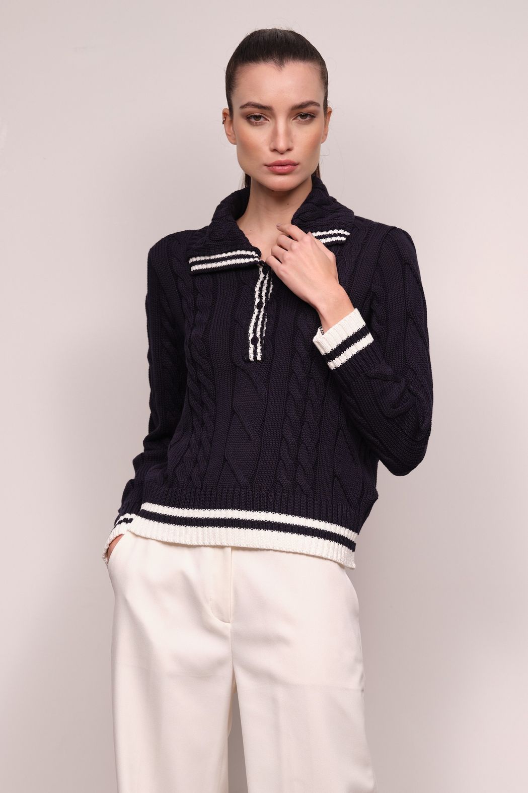 Tricot Gola Polo Trançado Marinho Athena
