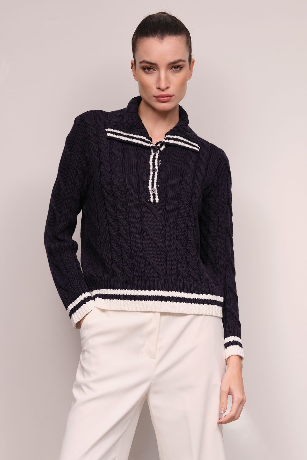 Tricot Gola Polo Trançado Marinho Athena