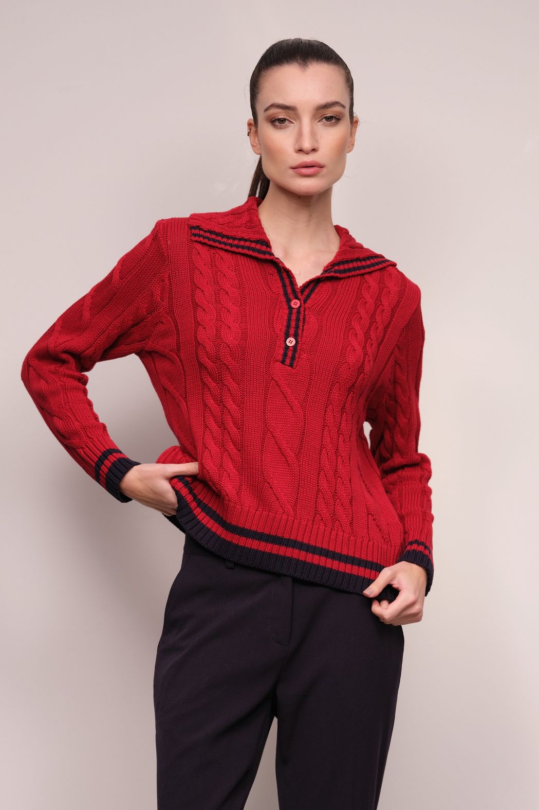 Tricot Gola Polo Trançado Vermelho Athena