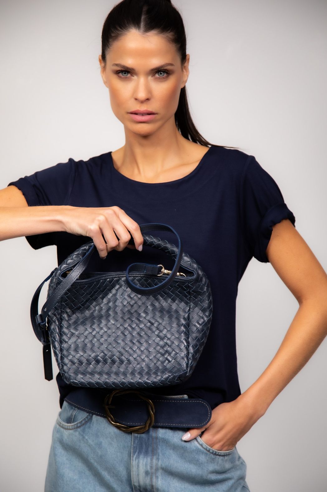Bolsa Em Couro Tresse Marinho Tania