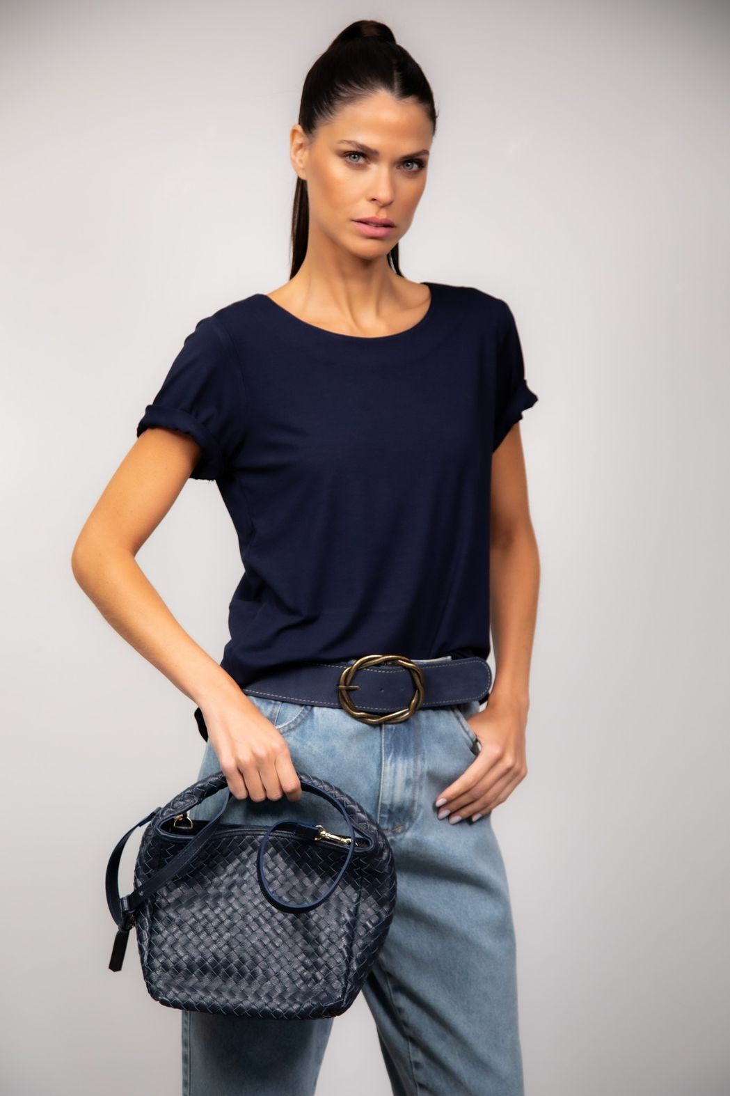 Bolsa Em Couro Tresse Marinho Tania