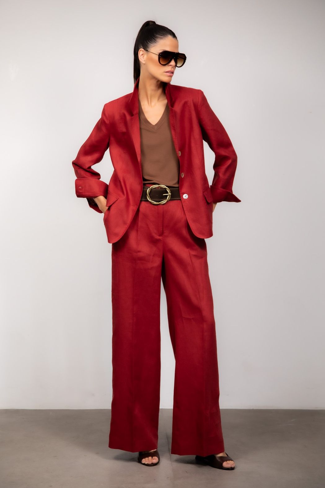 Calça Pantalona Linho Vermelho Bruna