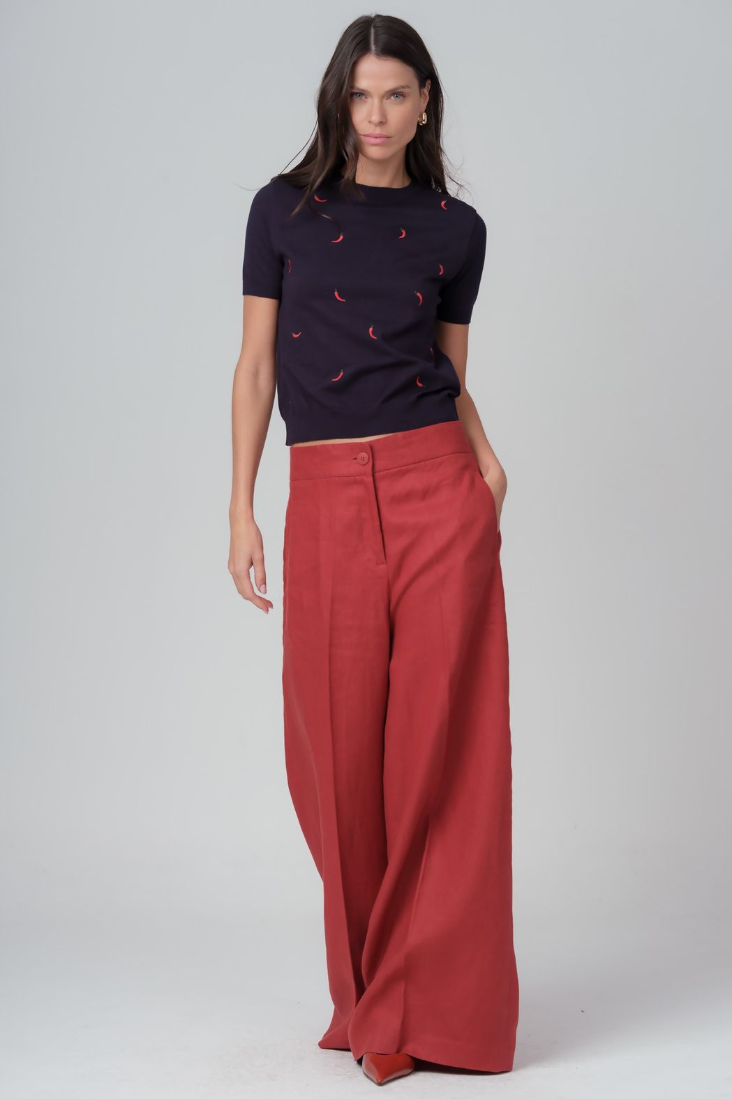 Blusa em Trico Bordado Marinho Patricia
