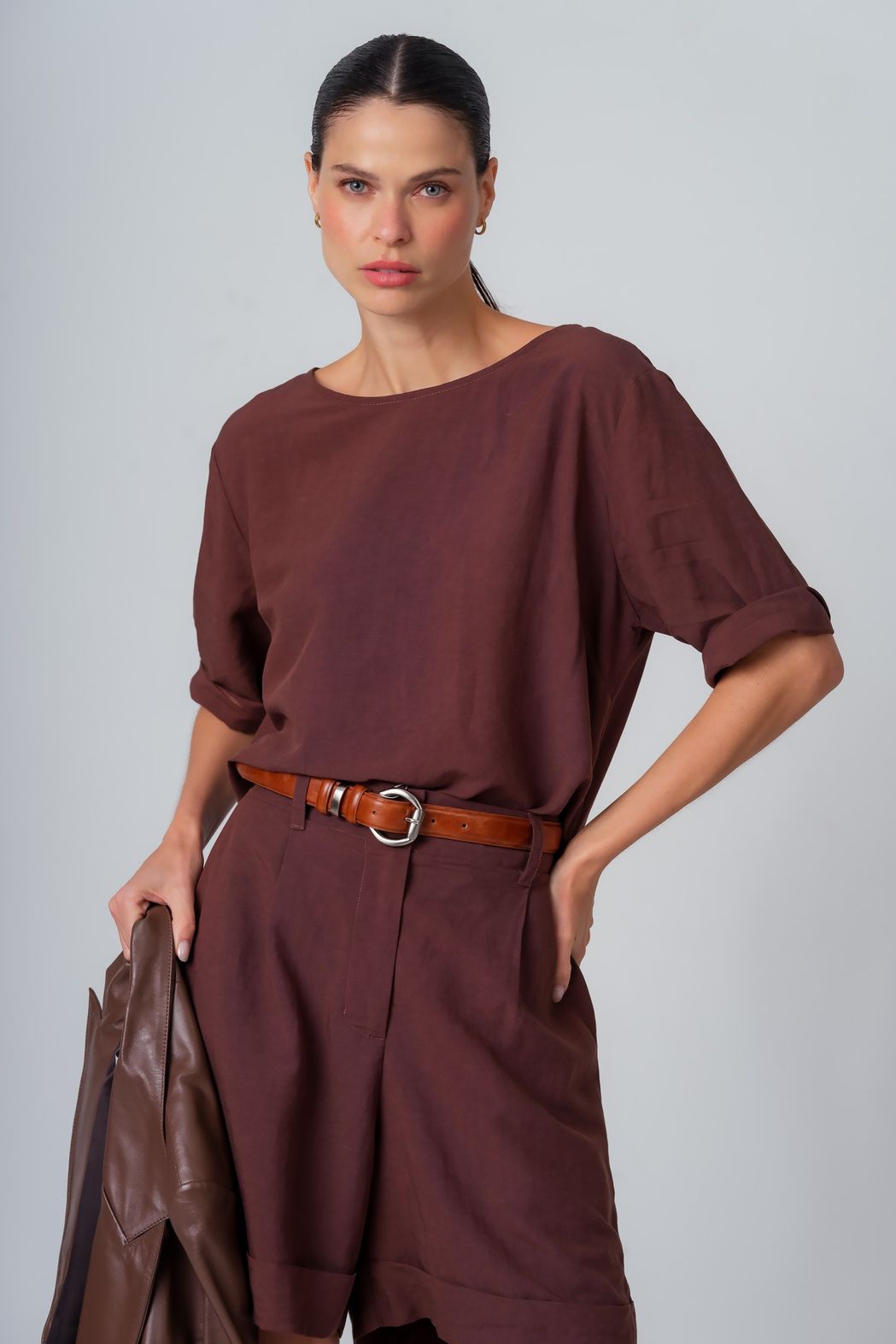 Blusa Linho Marrom Catarine