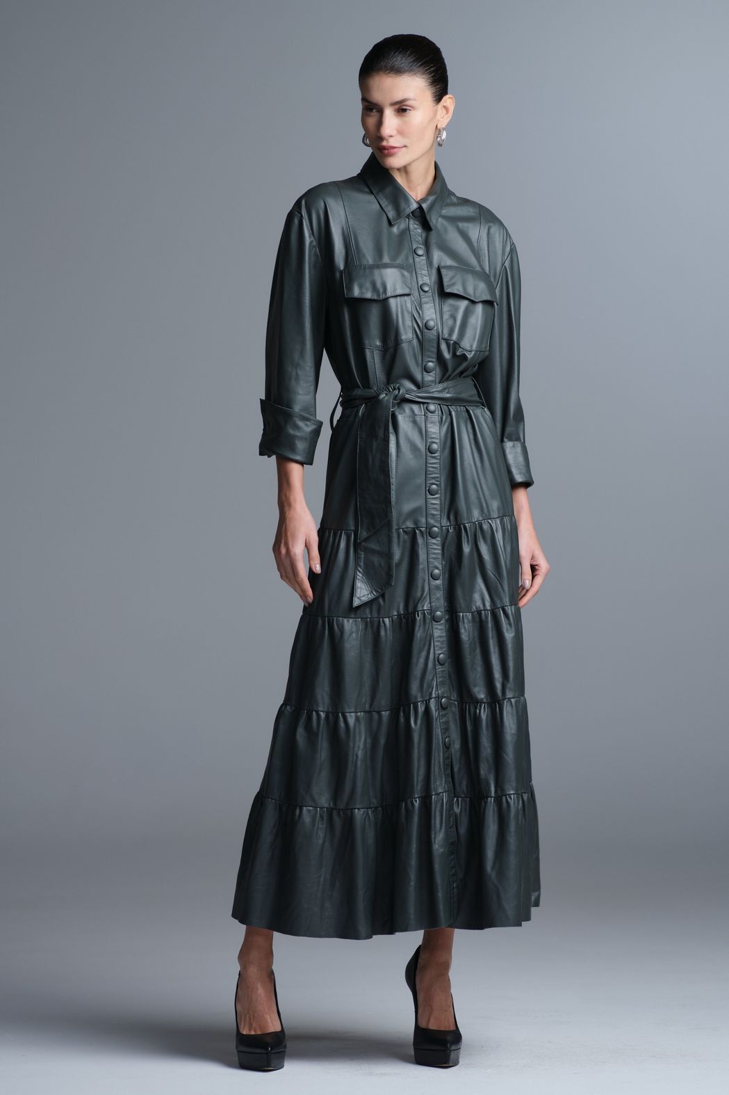 Vestido Pelica Longo Camadas Verde Lavinia