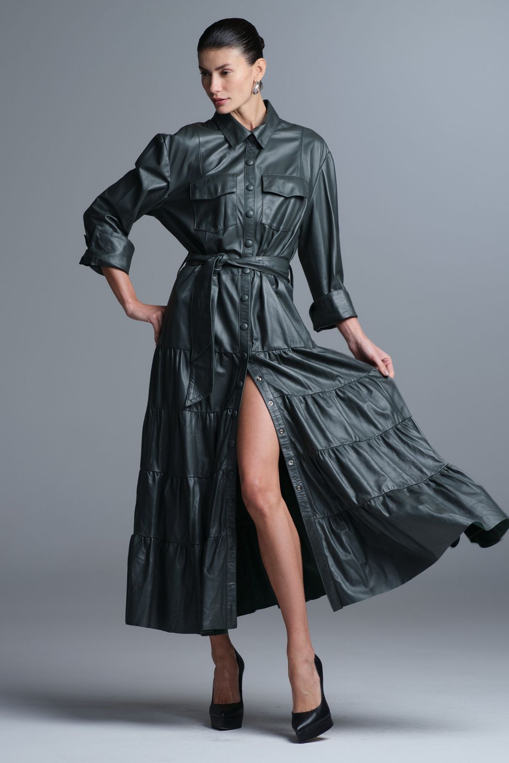 Vestido Pelica Longo Camadas Verde Lavinia