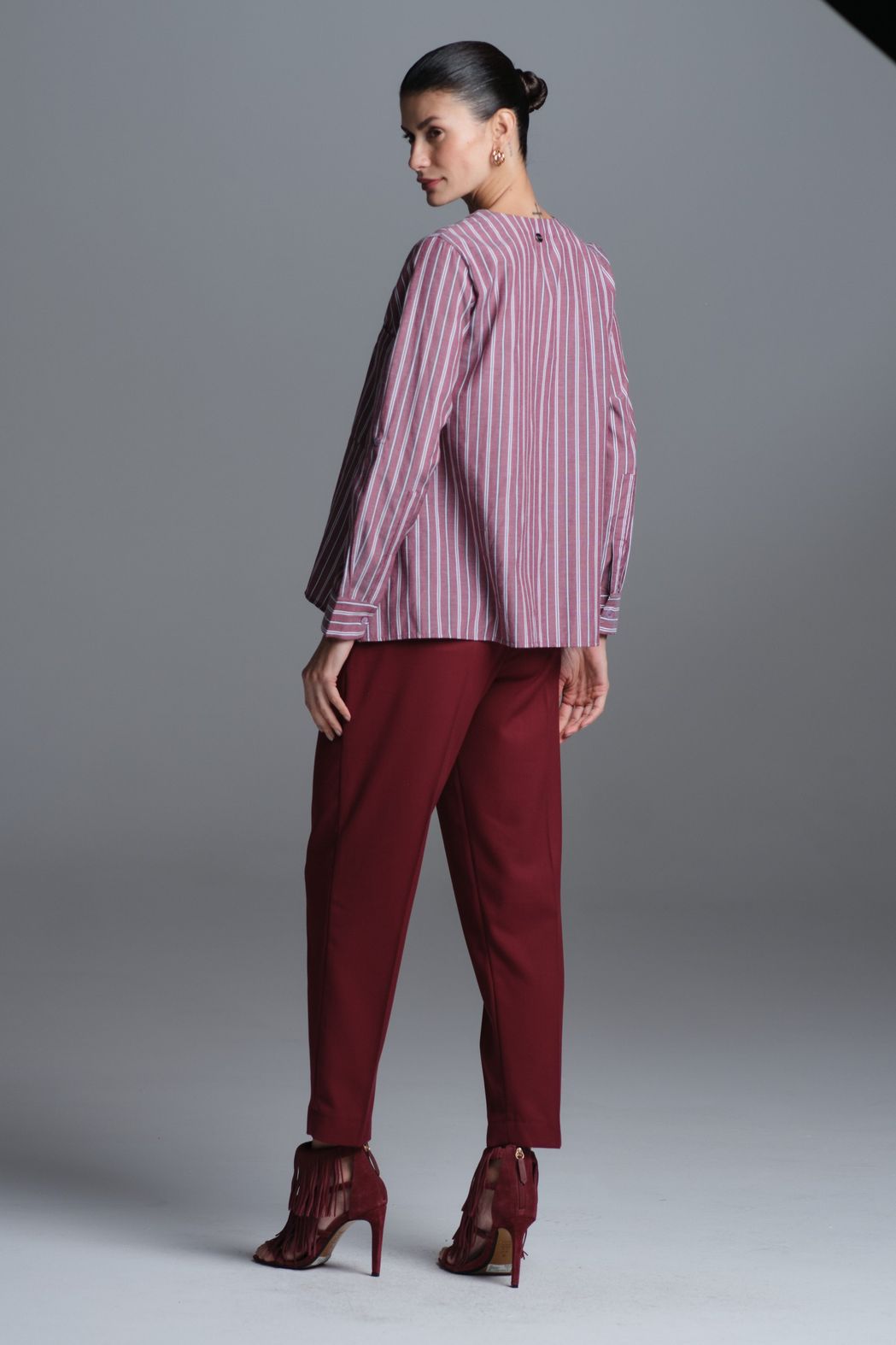 Camisa Ampla Tricoline Listra Vinho Silvia CB