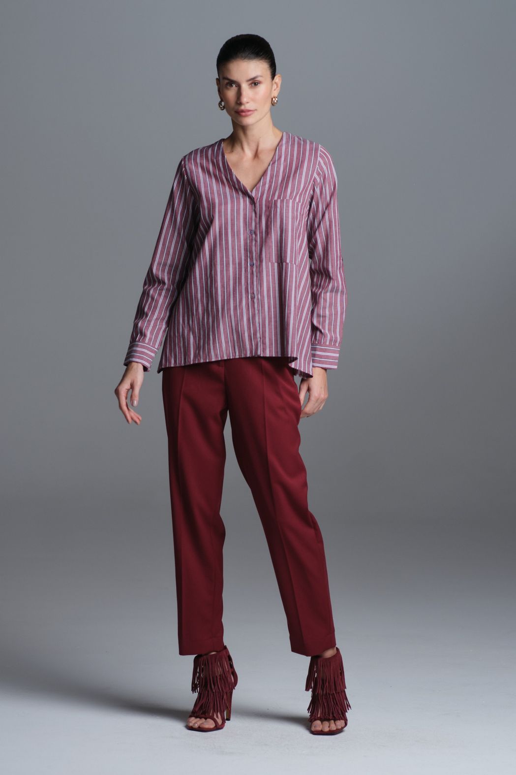 Camisa Ampla Tricoline Listra Vinho Silvia CB
