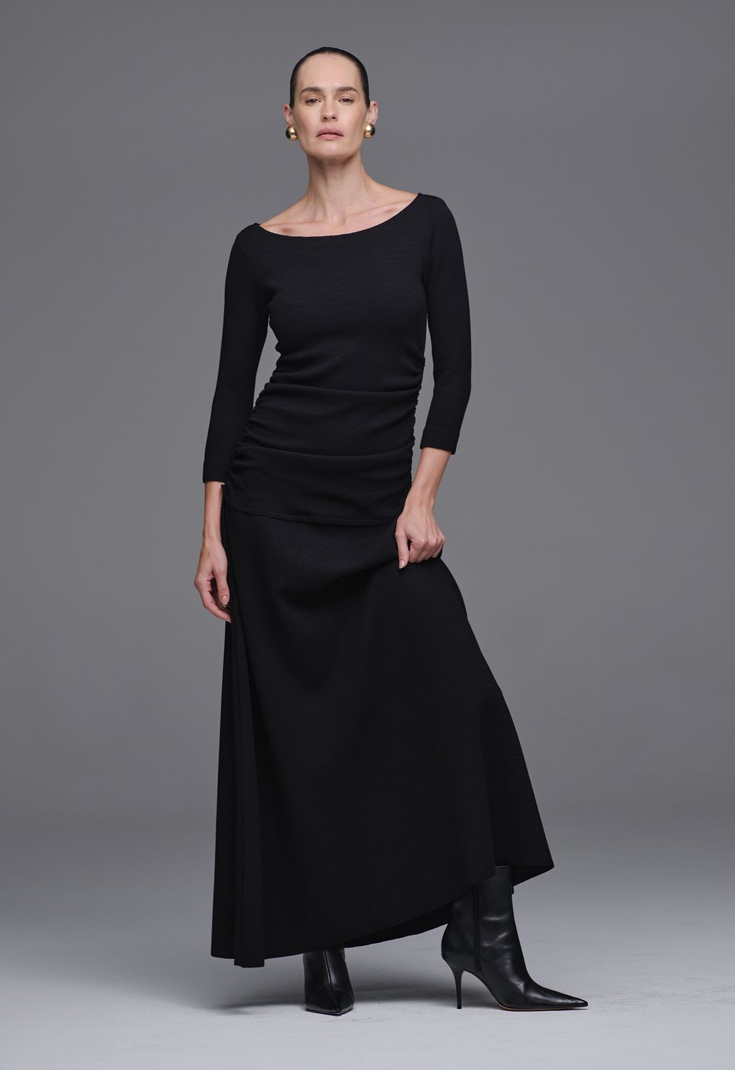 Vestido Drapeado Malha Boucle Preto Paula 