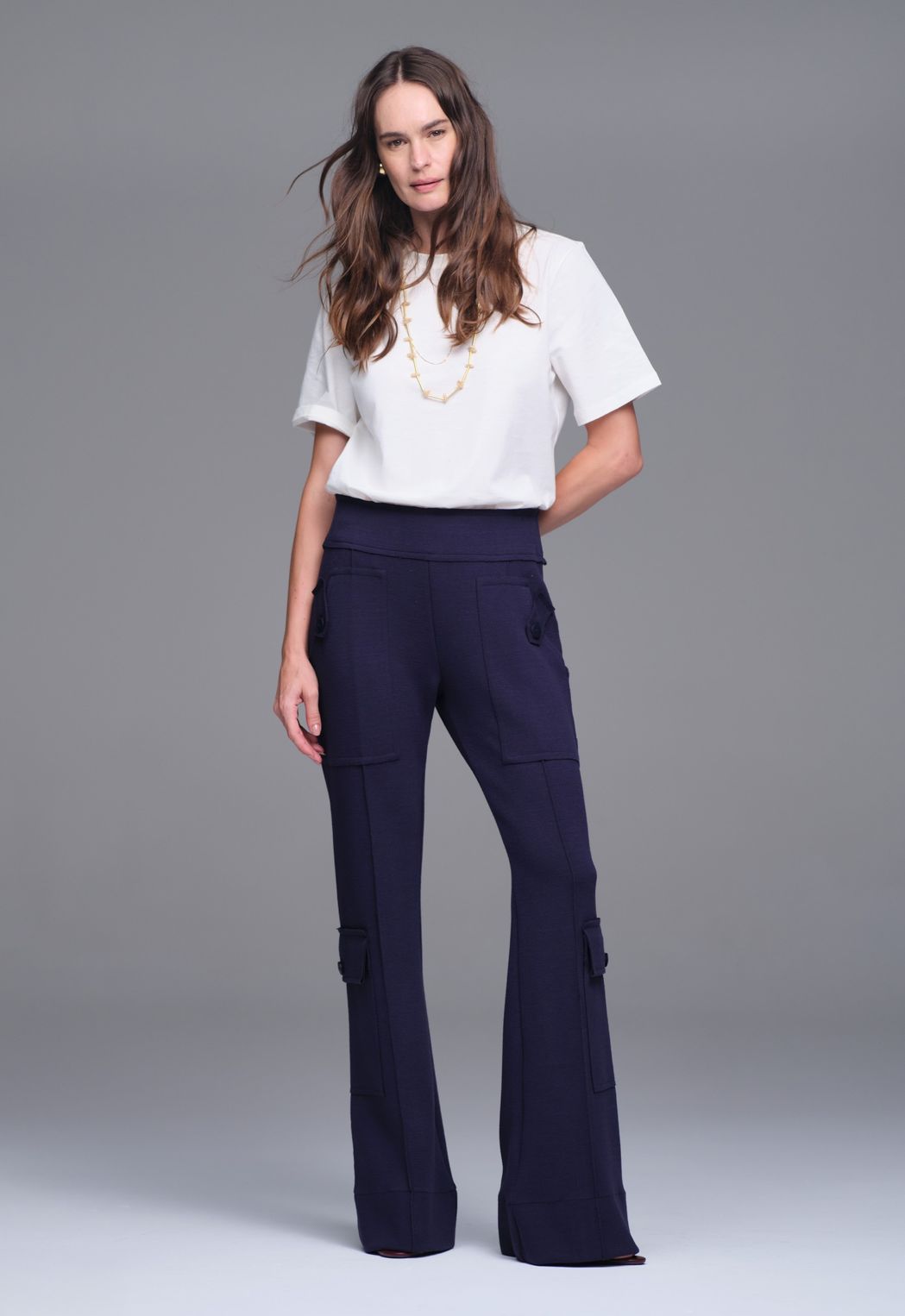 Calça Ampla Malha Boucle Marinho Lilly 