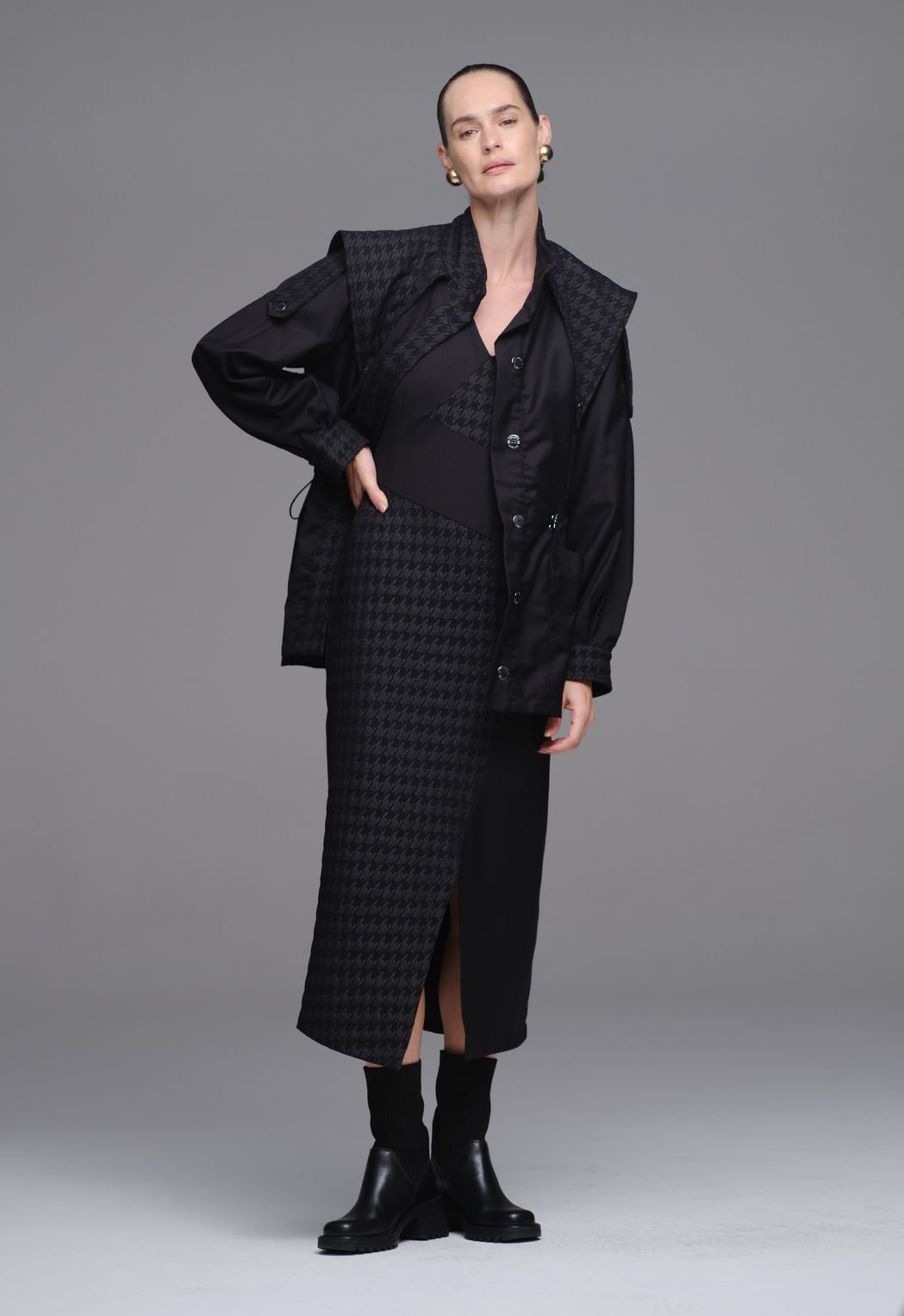 Parka Jacquard  Pied Coq Preta Flávia