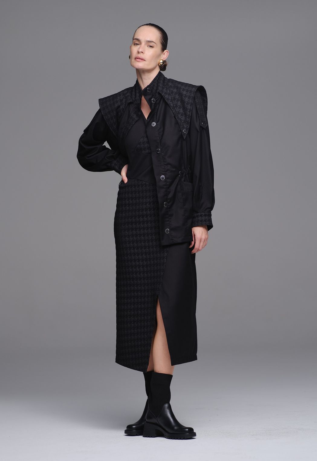 Parka Jacquard  Pied Coq Preta Flávia