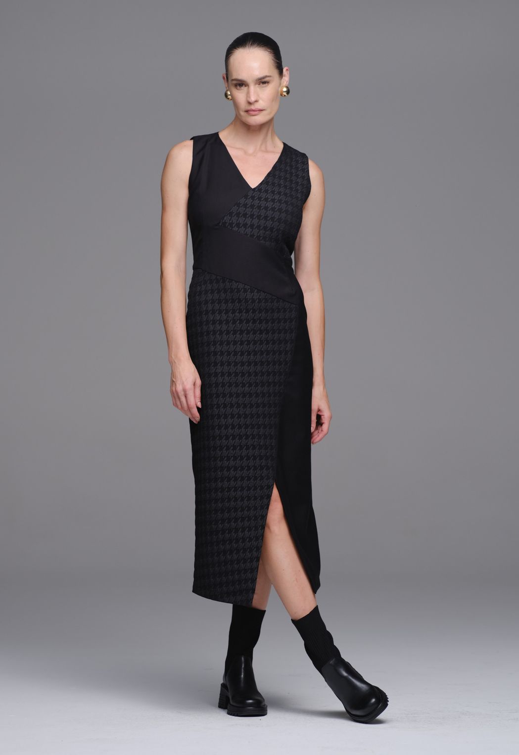 Vestido Jacquard  Pied Coq Preto Flávia