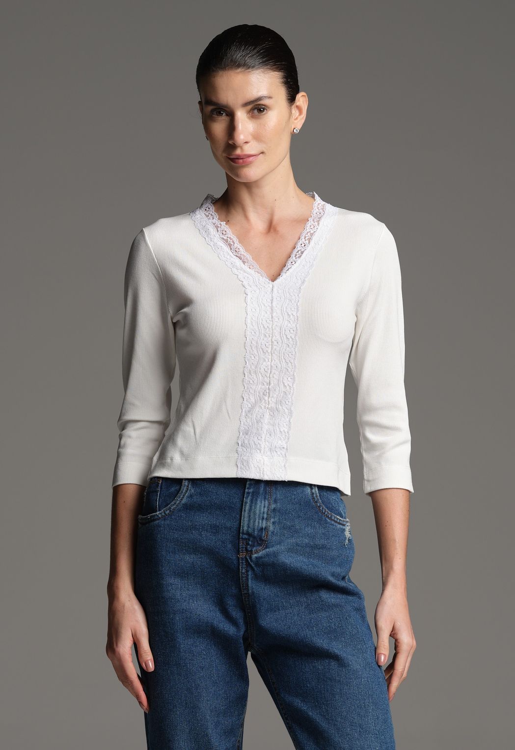 Blusa Malha com Renda Off White Lucia