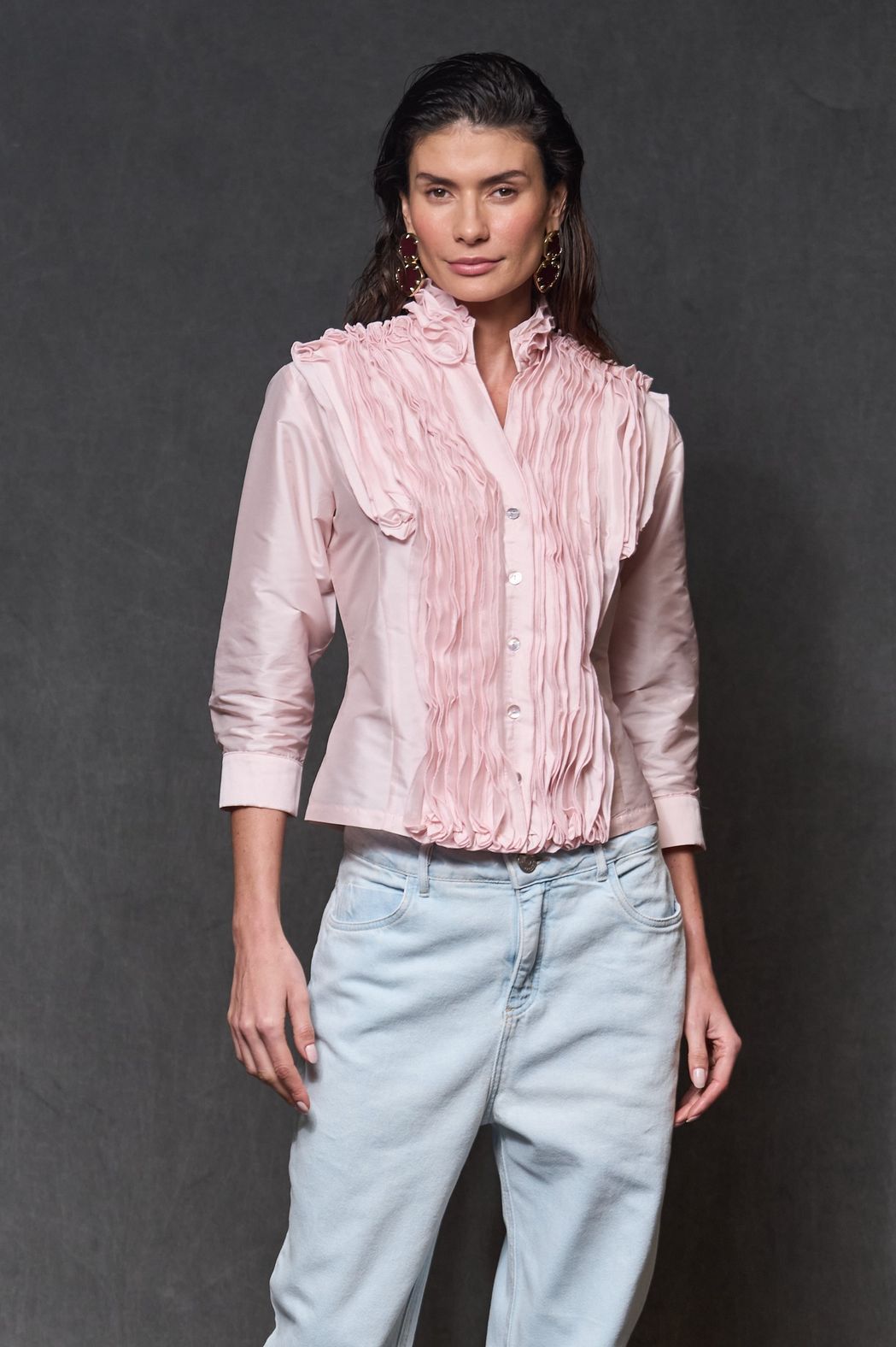Camisa Jabô Tafetá Rosa Pó Carmela