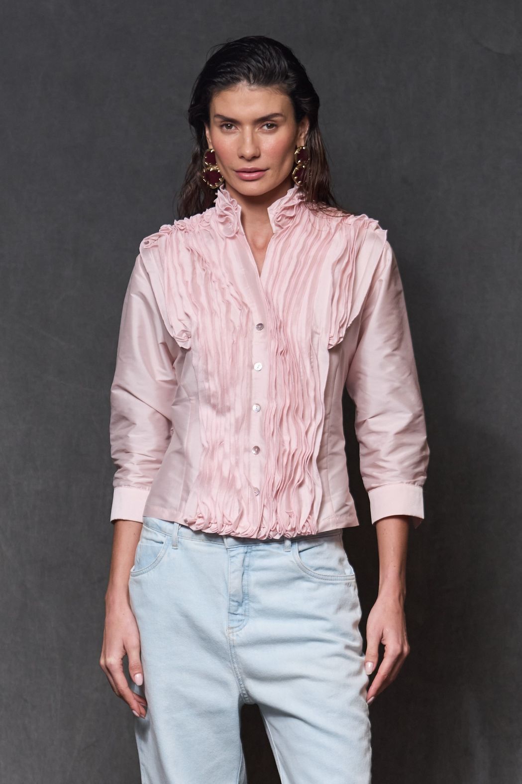 Camisa Jabô Tafetá Rosa Pó Carmela