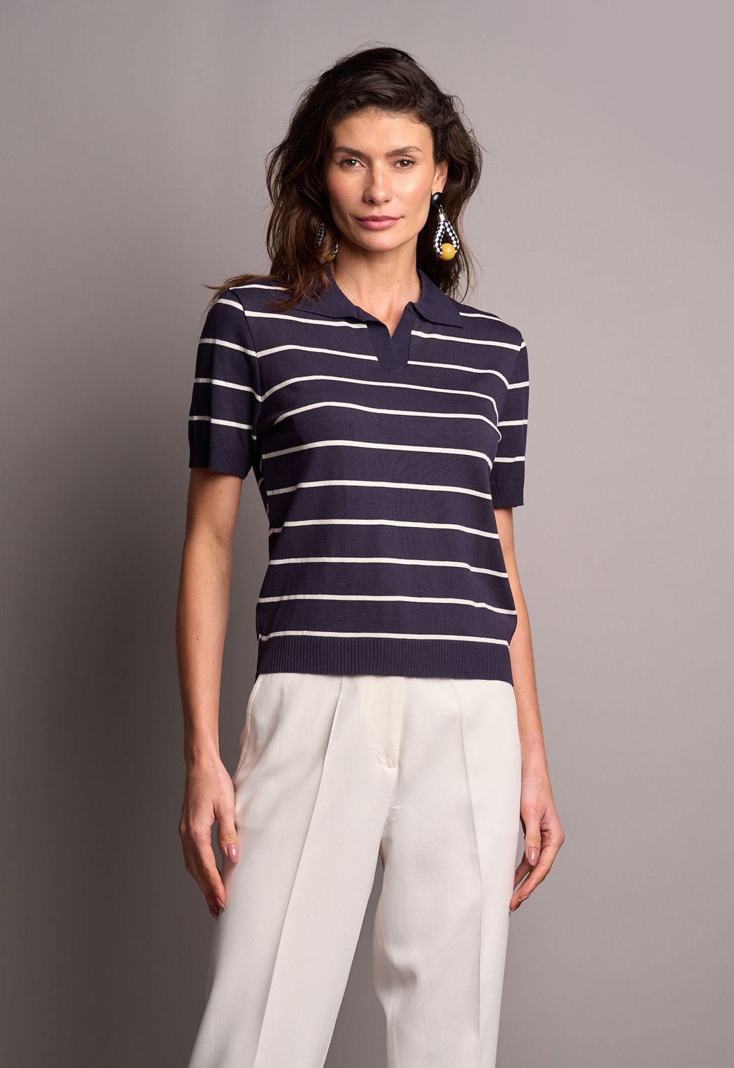 Blusa Polo Trico Listrado Marinho Daniela