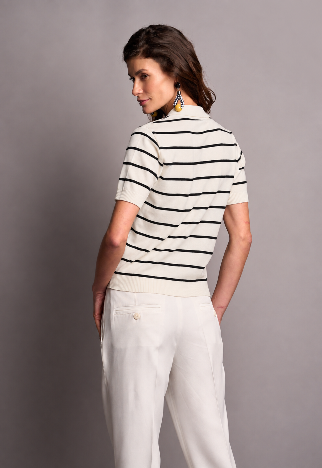 Blusa Polo Trico Listrado Off White Daniela