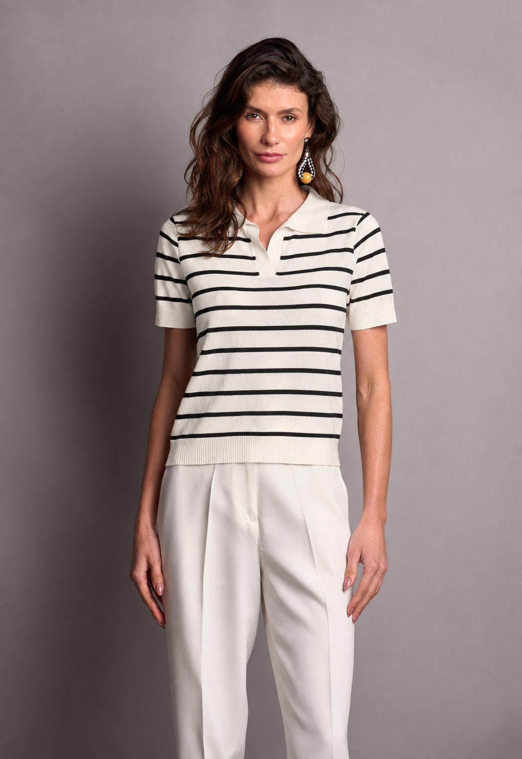 Blusa Polo Trico Listrado Off White Daniela