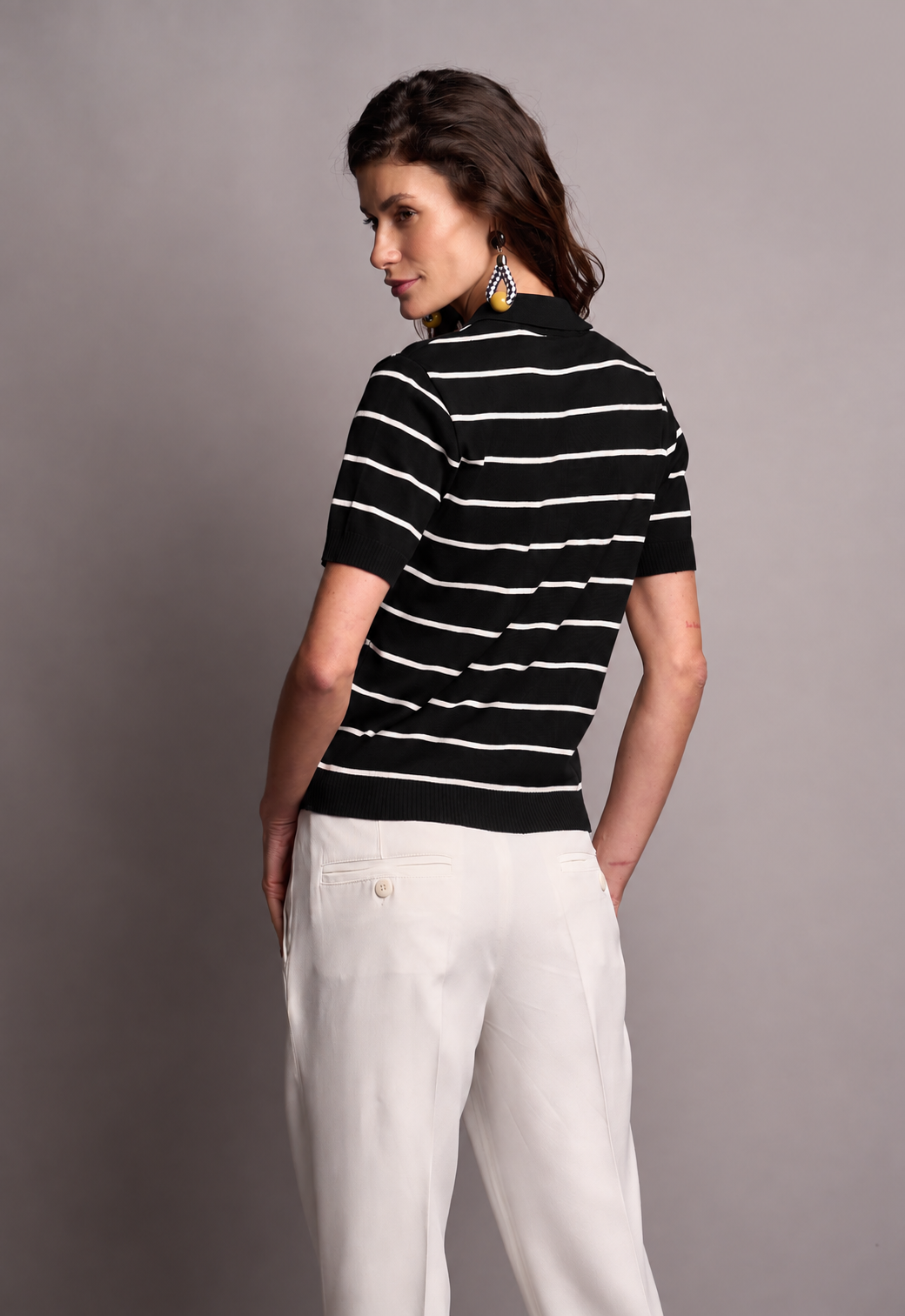 Blusa Polo Trico Listrado Preto Daniela