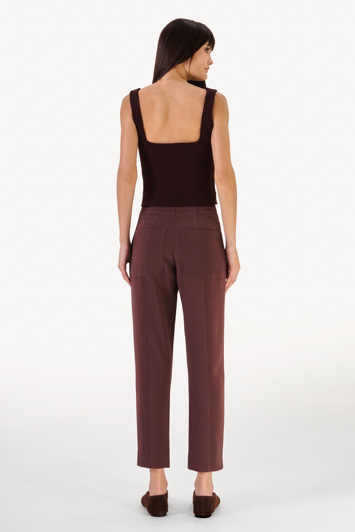 Calça Pregas Crepe Helene Marrom