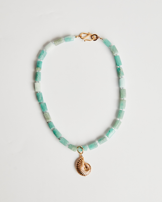 Colar Amazonita Facetada + Pingente Concha Espiral