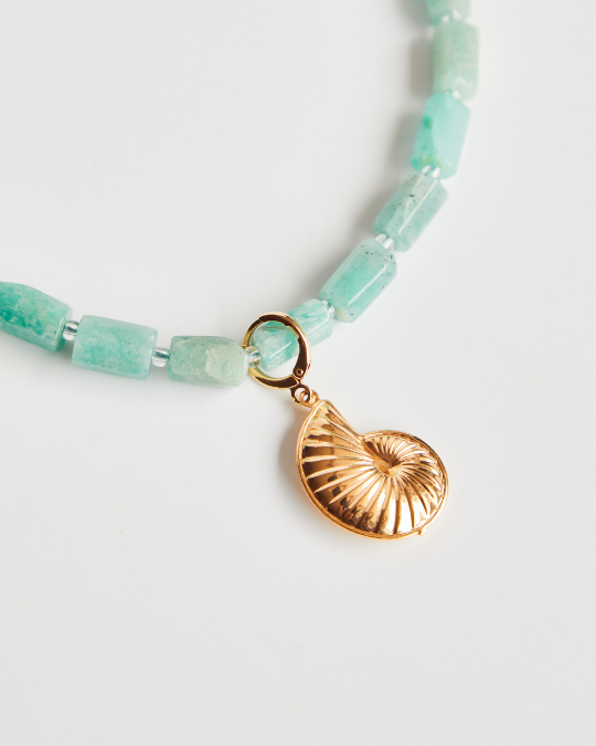 Colar Amazonita Facetada + Pingente Concha Espiral