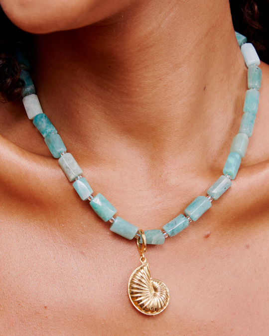 Colar Amazonita Facetada + Pingente Concha Espiral