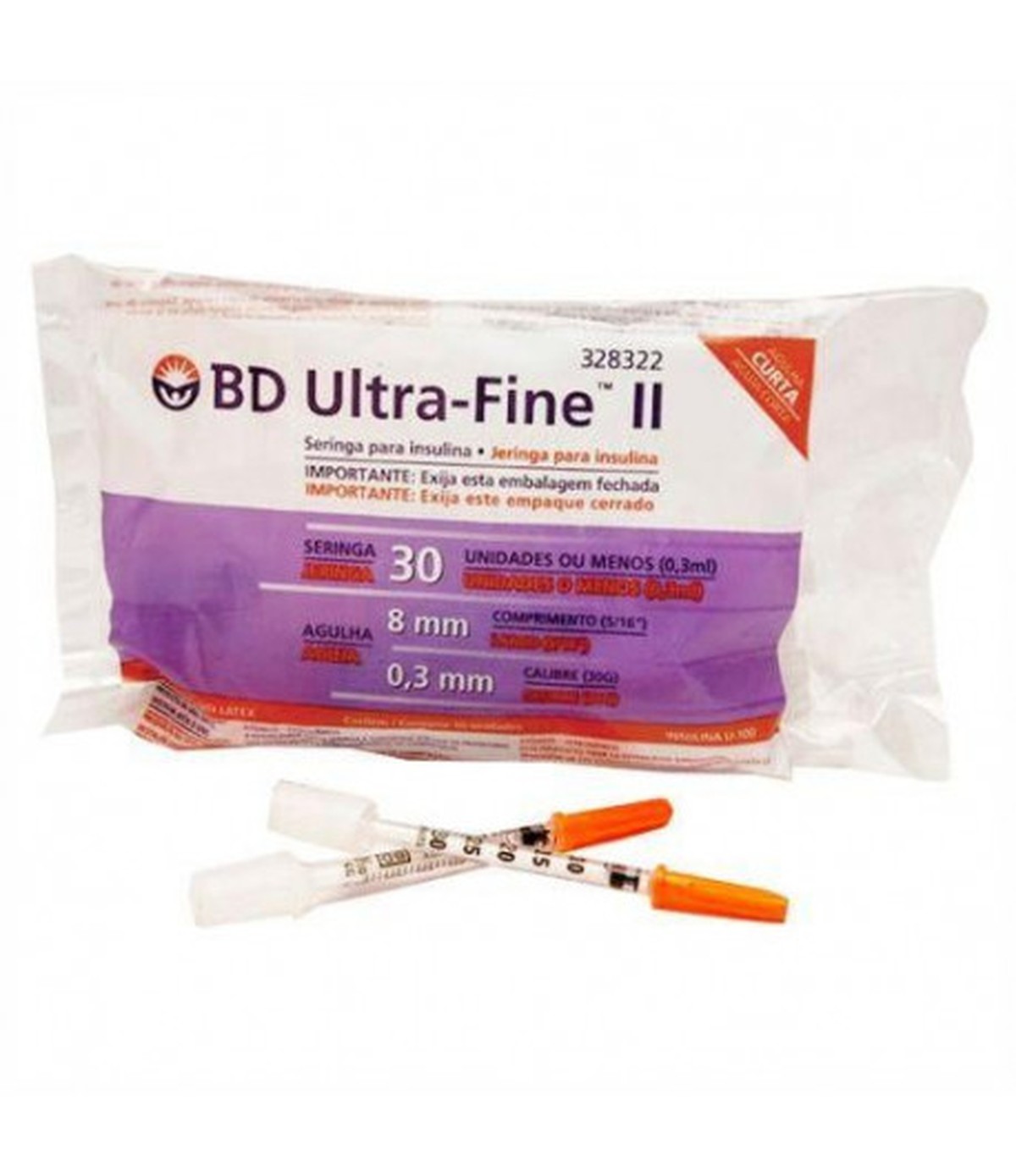 Foto do produto Seringa para Insulina BD Ultrafine 0,3mL (30UI) Agulha 8x0,3mm 30G - Pacote com 10 seringas