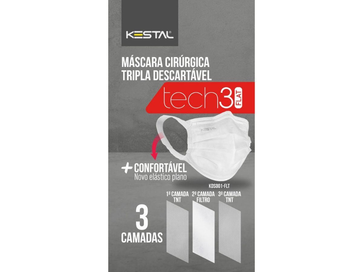 Foto do produto Mascara Cirúrgica Branca Descartável tripla Tech FLAT3 - Kestal - Pacote c/ 12 unidades