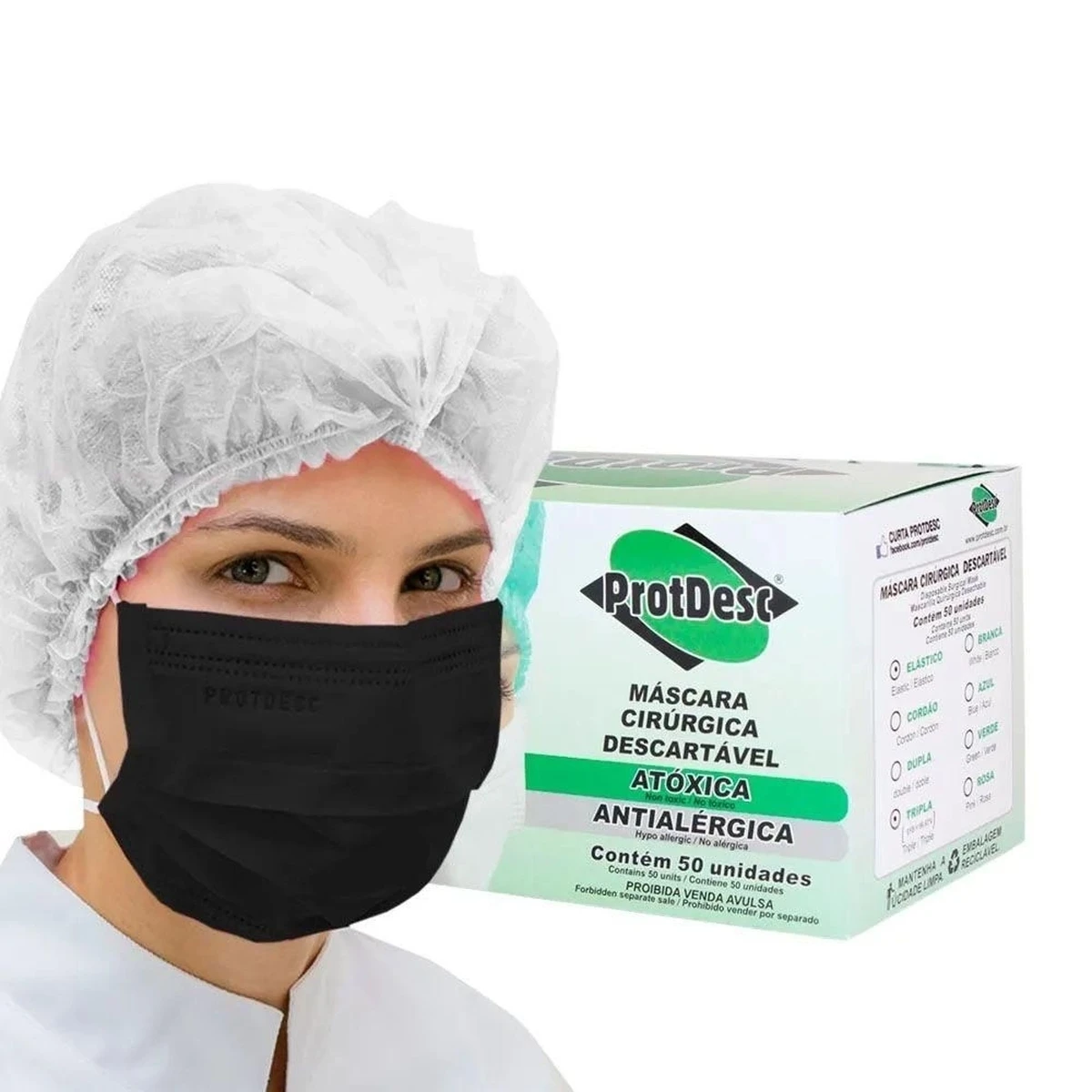 Foto do produto Máscara Cirúrgica Preta Descartável com Elástico caixa com 50 unid Protdesc