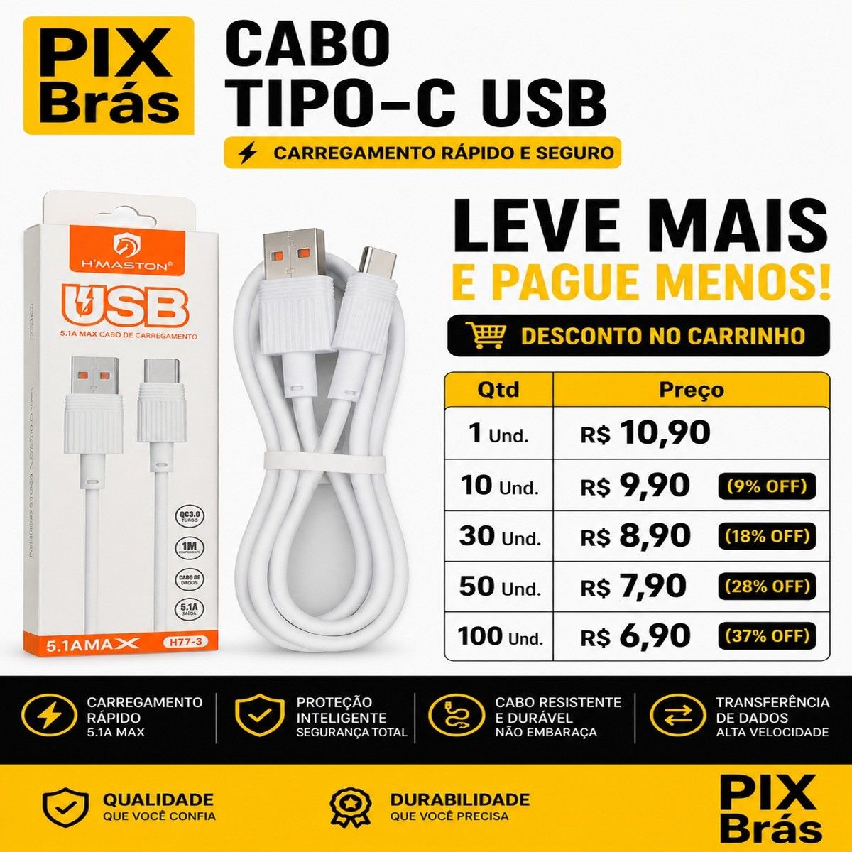 Cabo Tipo C USB - 1 Metro H'MASTOM H77-3