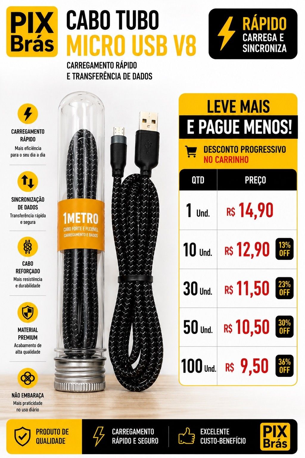Cabo Tubo Micro USB v8