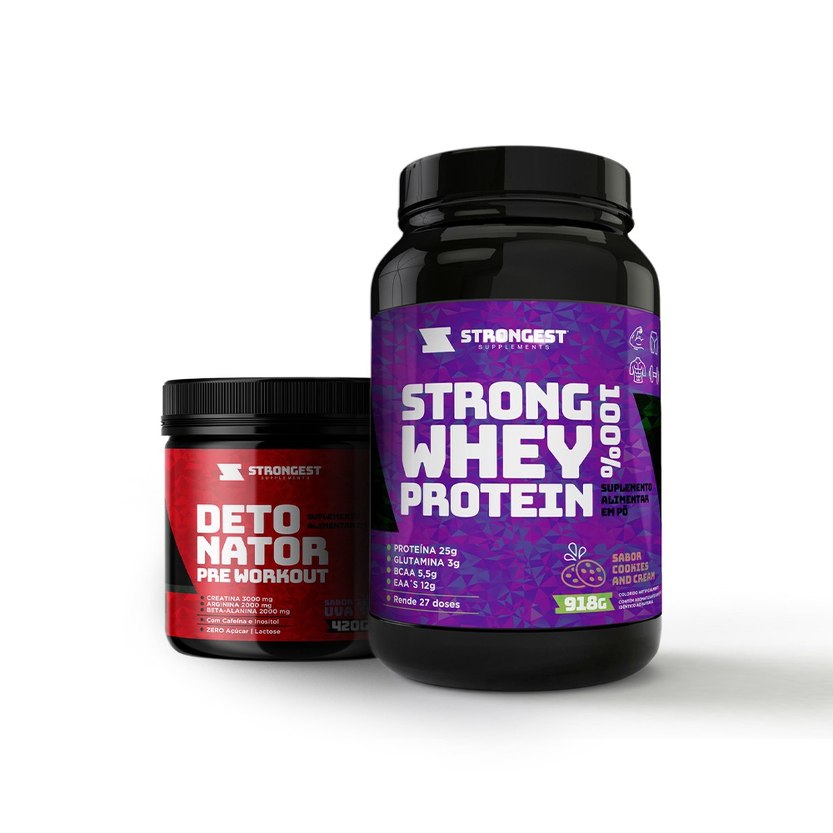 Kit Whey Protein 100% + Pré Treino Detonador Strongest - Strongest ...